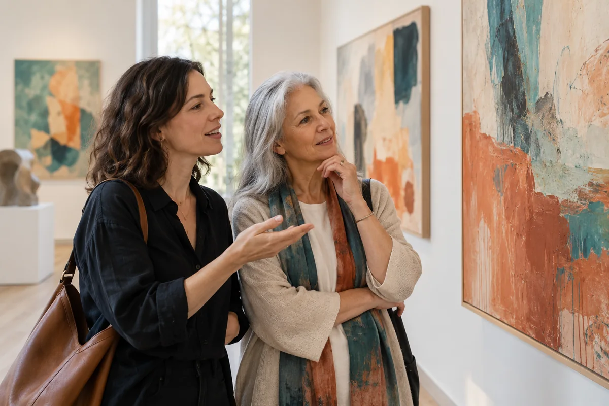 Two friends exploring an art gallery